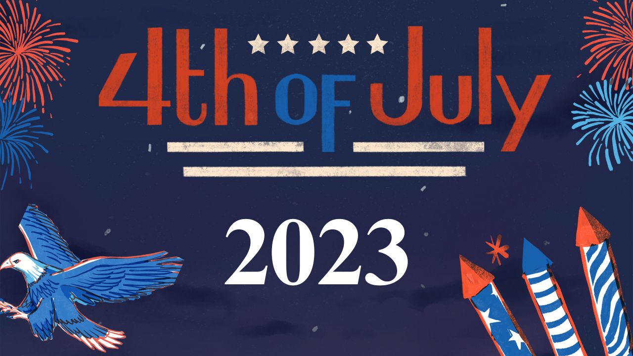 Happy July 4th says "4th of July" and then "2023" below the line of "4th of July" with a blue background. with firecracker displays in the above upper left and right right corners. In the lower left corner is a picture of a eagle; and the bottom right hand corner is a picture of fireworks rockets. All the picture in the color of red, white, and blue.