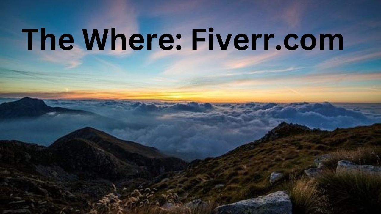 Have "The Where: Fiverr.com" in black letters above a mountain range