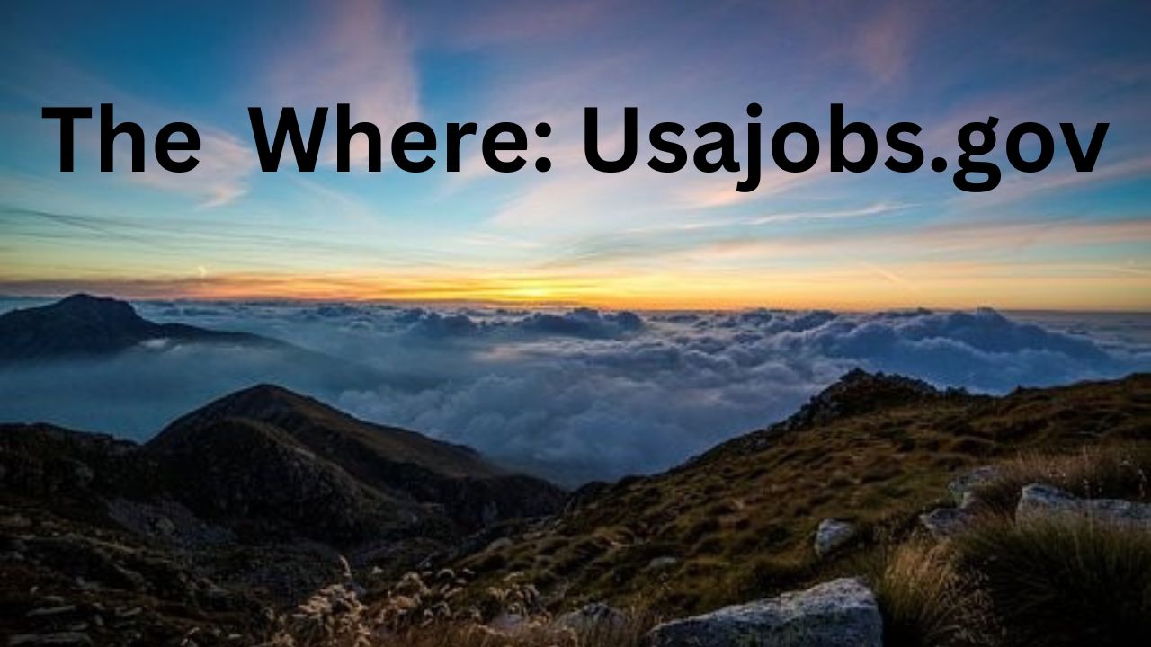 Have the mountains and have the words above the mountains say "The Where: Usajobs.gov" have clouds between the mountains and the blue sky, have mountains, clouds and blue sky. The words "The Where: usajobs.gov" are in the blue sky.