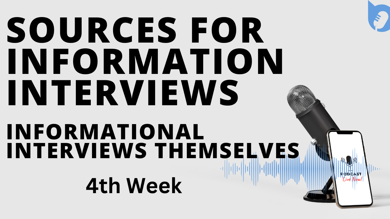 Words in Black all caps "SOURCES FOR INFORMATION INTERVIEWS INFORMATIONAL INTERVIEWS THEMSELVES" with microphone, cell telephone, and a voice wave (wave of a voice looks like when recording a voice)