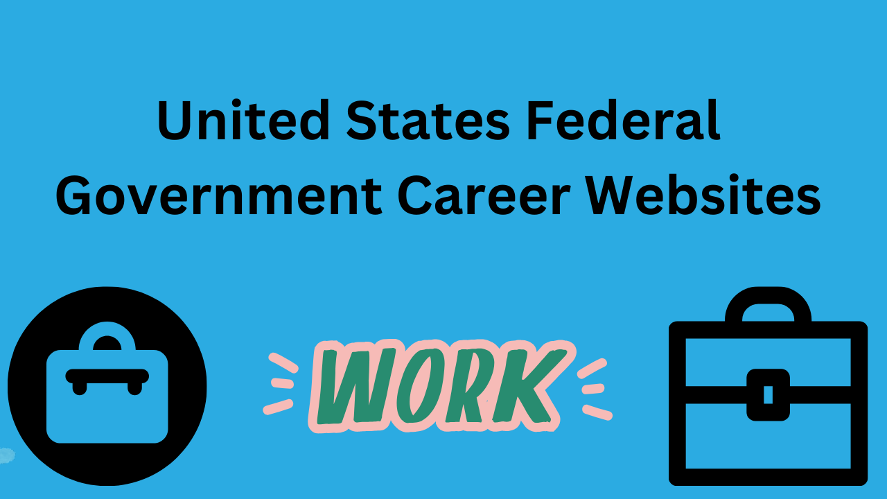 Have in black letters behind blue background "United States Federal Government Career Websites" and then at bottom of screen have the word "Work" with two images of different business suitcases in either corner