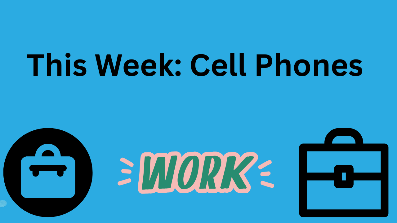 Have on the right side of screen the words in black letters "This Week: Cell Phones" and then on the right side of the screen is a Interview microphone