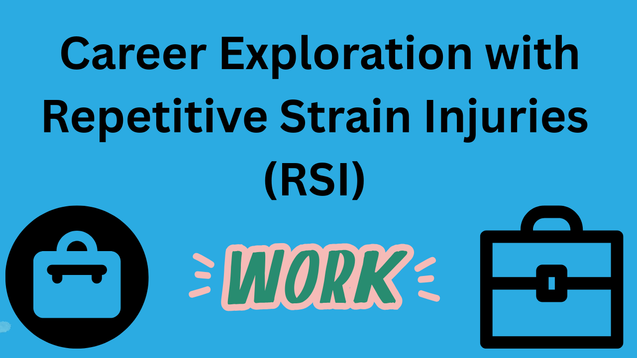 Has "Career Exploration with Repetitive Strain Injuries (RSI)" written on it - with two brief cases (different styles) in each bottom corner. And word "Work" at bottom middle.