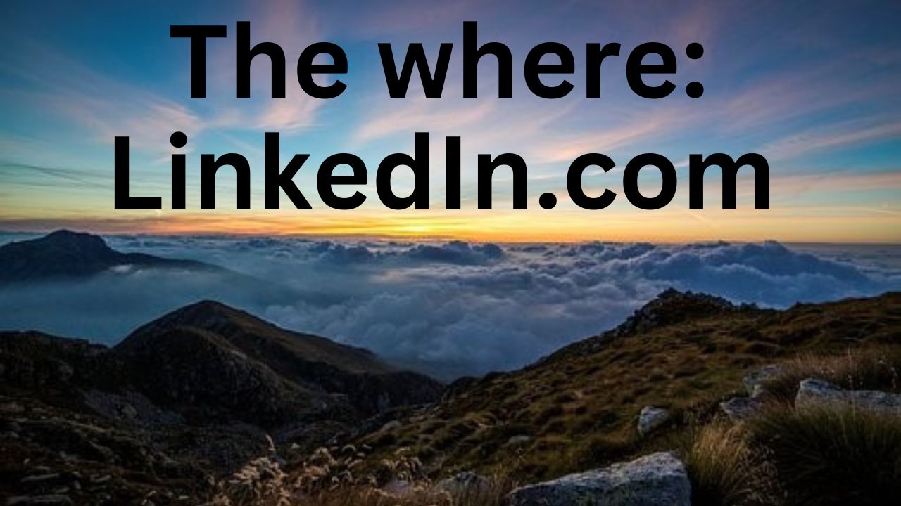 The words "The where LinkedIn.com" above different mountains. The letters are in black.